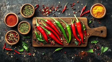 A vibrant assortment of fresh red and green chili peppers arranged on a wooden cutting board, surrounded by spices in small bowls, creating a colorful culinary display.