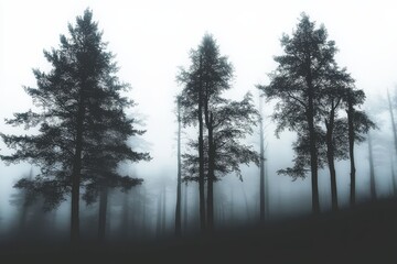 Silhouetted trees in a misty forest landscape.