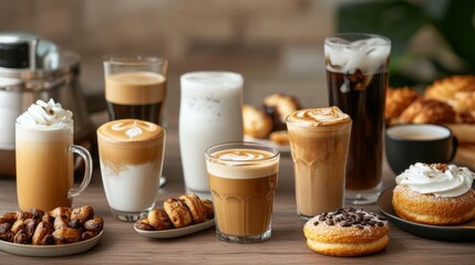 A vibrant coffee scene featuring a variety of coffee drinks, including espresso, cappuccino, and iced coffee, beautifully arranged table with fresh pastries