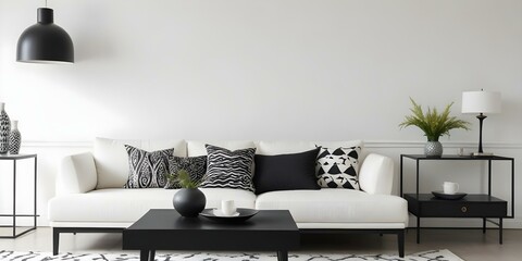 A modern living room with a white sofa, black coffee table, and various decorative pillows in black and white patterns.