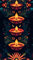 Patterned Diwali layout with symmetrical designs of diyas and traditional elements.