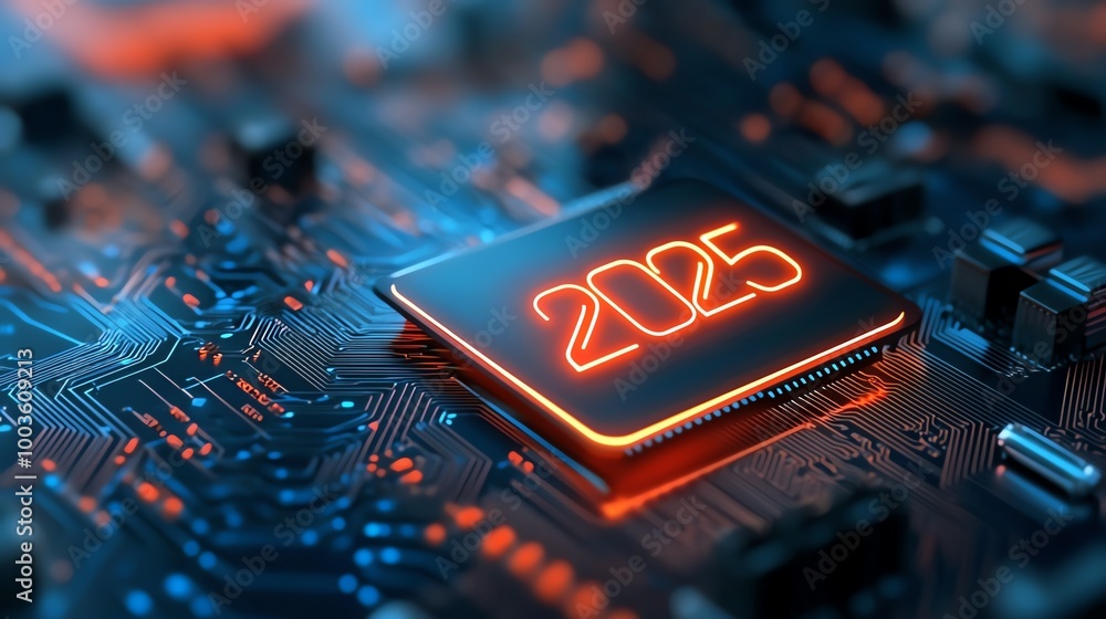 Poster close-up of a computer chip with the year 2025 illuminated on a circuit board.