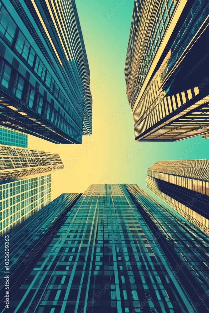 Poster patterned layout of skyscrapers with a retro-futuristic design, creating a visual rhythm.