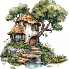 Fototapeta premium Whimsical cottage surrounded by trees and flowers, white background