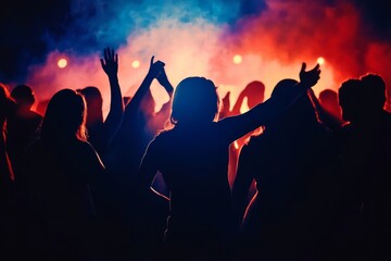 Fototapeta premium Dynamic silhouettes of people dancing at a vibrant concert in the night.