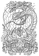 Hand drawn line art illustration with snake - symbol of the year according to eastern horoscope and her child. Loving mother. Graphic artwork for coloring page. Esoteric, gothic and mystic concept
