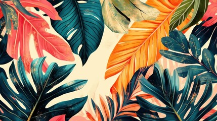 A botanical print featuring lush, tropical leaves with intricate details and bold, contrasting colors