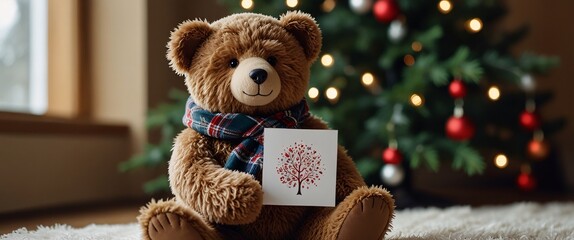 Obraz premium An adorable teddy bear standing next to a small Christmas tree, wearing a festive scarf and holding a greeting card