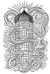 Hand drawn line art illustration with old tower and snake - symbol of the year according to eastern horoscope. Graphic artwork for coloring page. Esoteric, gothic and mystic concept