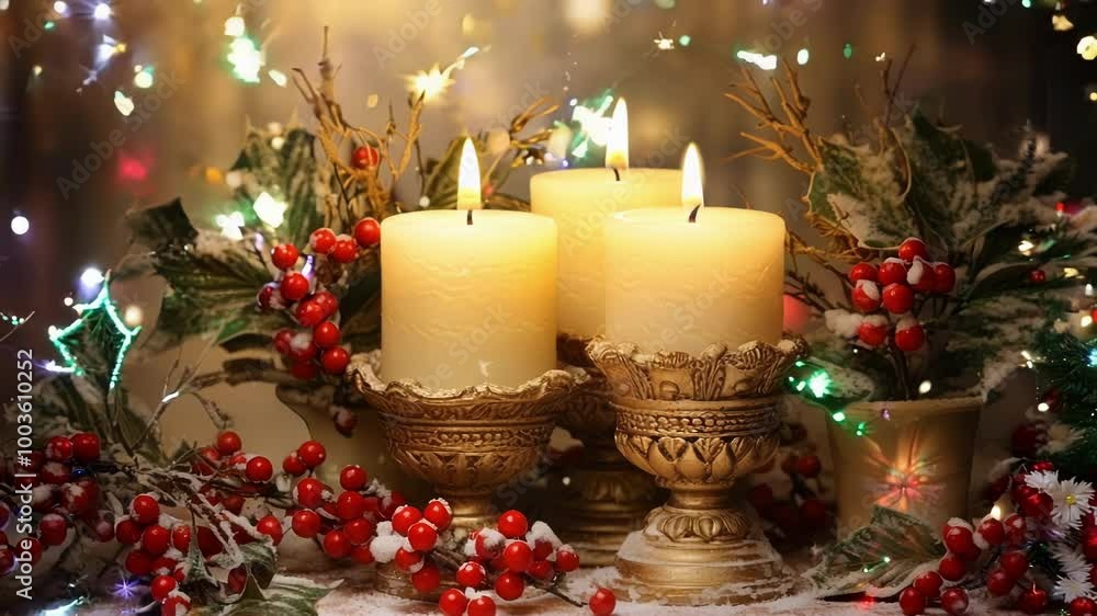 Poster three burning candles surrounded by holly branches with red berries and snow, creating a warm and fe
