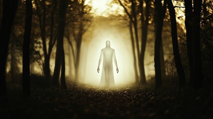 A ghostly figure drifting through a sunlit forest, its form glowing faintly in the warm afternoon light