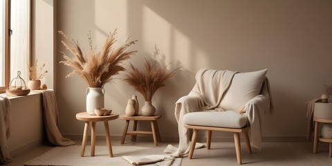 A cozy living room with a beige sofa, a wooden stool, and various decorative elements such as dried flowers, vases, and a plush blanket.
