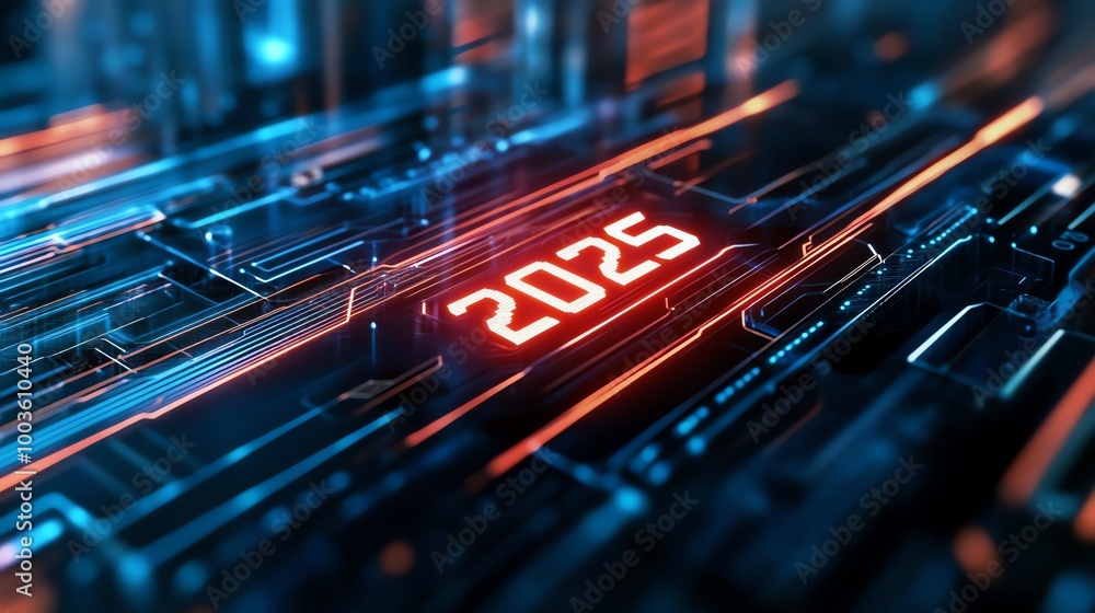 Poster futuristic digital interface displaying the year 2025 with glowing circuitry.