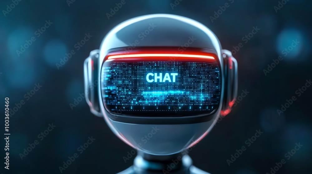 Aufkleber futuristic robot with a screen displaying chat interface, isolated on dark background.