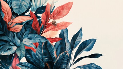 A botanical print featuring lush, tropical leaves with intricate details and bold, contrasting colors