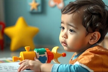 Naklejka premium Bebé en guardería sonriente. Rasgos infantiles propios de su edad. Al fondo un área de juegos. 
