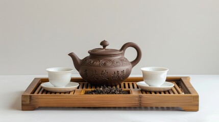 Fototapeta premium A tea set with a teapot and two cups on a wooden tray