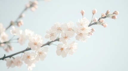 Obraz premium A close-up of a delicate cherry blossom branch with soft pink flowers and intricate details