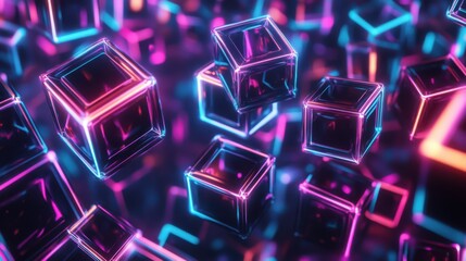 A collection of floating holographic cubes with neon outlines and pulsating lights, creating