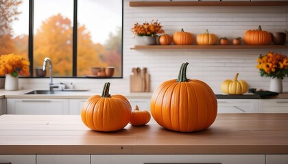 A captivating image of a cozy kitchen, adorned with pumpkins and dried leaves, creating a warm and inviting atmosphere