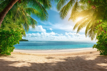 Obraz premium A tropical beach, sand with palm trees and the ocean in the background, Summer holiday