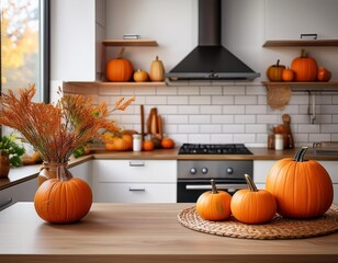 A beautiful and inspiring image of a fall-themed kitchen decoration, featuring pumpkins and dried leaves