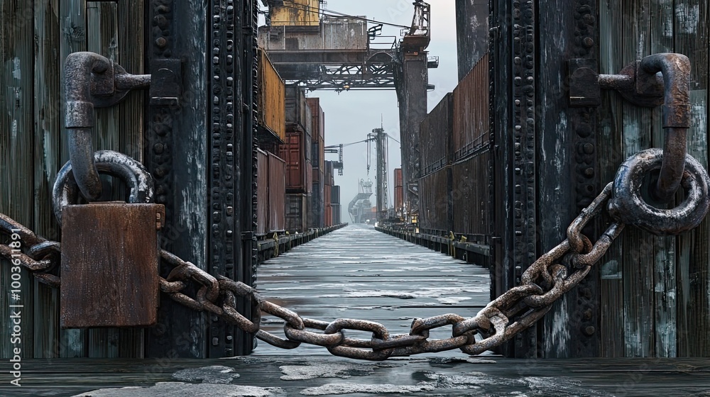 Poster rusted chain and padlock securing a wooden gate leading to a shipping container terminal