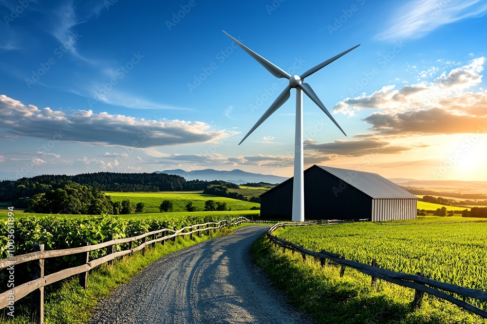 Aufkleber Simple wind turbine and farm icon, representing clean energy integration in rural development using abstract shapes