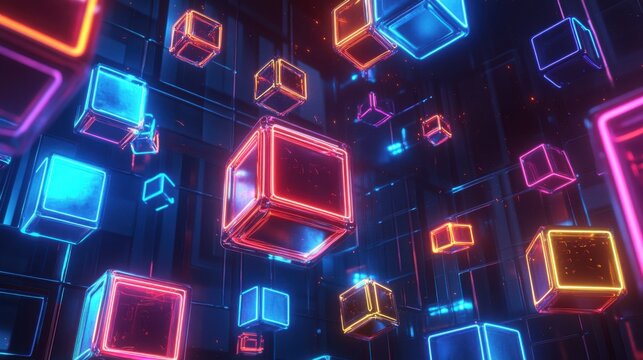 A collection of floating holographic cubes with neon outlines and pulsating lights, creating