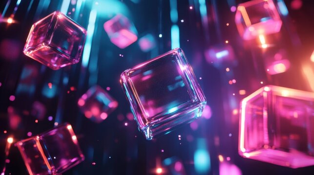 A collection of floating holographic cubes with neon outlines and pulsating lights, creating