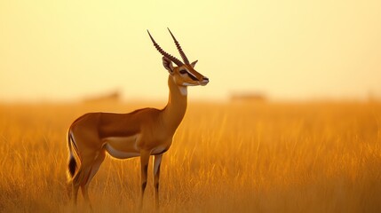 Naklejka premium A graceful antelope stands in a golden grassland during sunset.