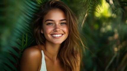 Fototapeta premium A vibrant outdoor portrait of a woman with a radiant smile, surrounded by greenery, capturing her joyful and approachable personality.