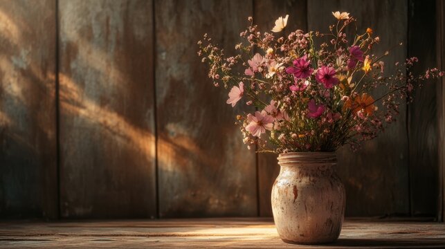 A detailed shot of a flower arrangement in a rustic jar, with soft, ambient lighting