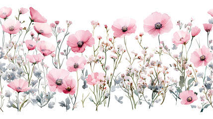 Watercolor seamless border with pink poppy flowers, delicate floral pattern, botanical design, soft pastel colors, green foliage, meadow flowers, hand-painted wildflowers, floral wallpaper