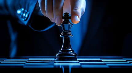 view of a chess board with a hand wearing a suit coming from behind the board, holding a lone chess piece on the board. serious blue background, 