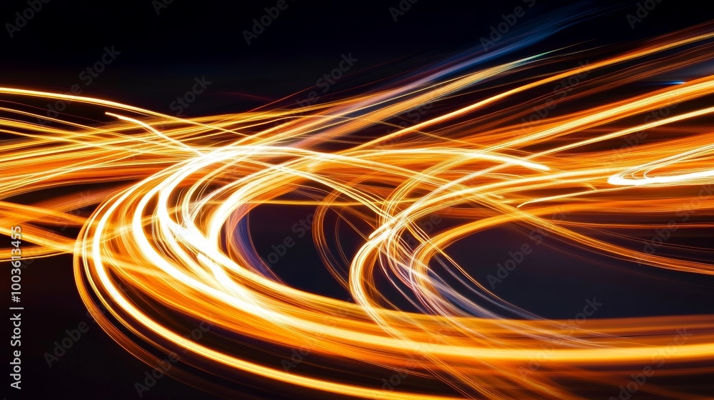 Poster abstract motion blurred lines and curves on a dark background, showcasing dynamic light trails creat