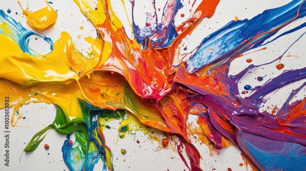 Poster a dynamic splash of bright paint, with multiple colors blending and contrasting sharply