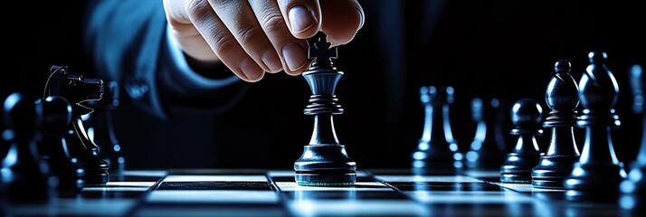 view of a chess board with a hand wearing a suit coming from behind the board, holding a lone chess piece on the board. serious blue background, 