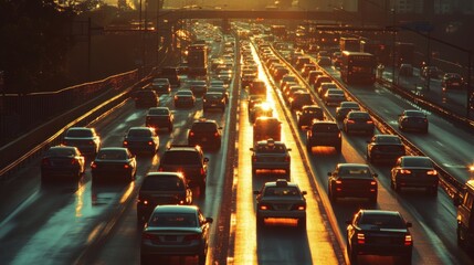 A vibrant scene of a carpool lane filled with vehicles during the morning commute, emphasizing the importance of sustainable transport solutions on busy expressways.