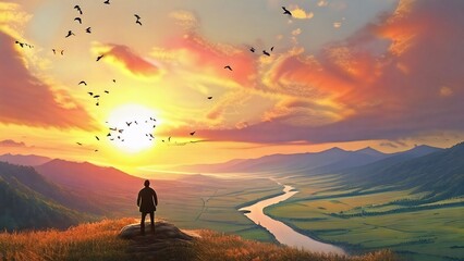 Persona alcanzando el éxito. Se representa en la cima de una montaña, en un atardecer, con los brazos extendidos, abrazando el éxito, en una puesta de sol simbólica. Senderismo. Paisaje. 