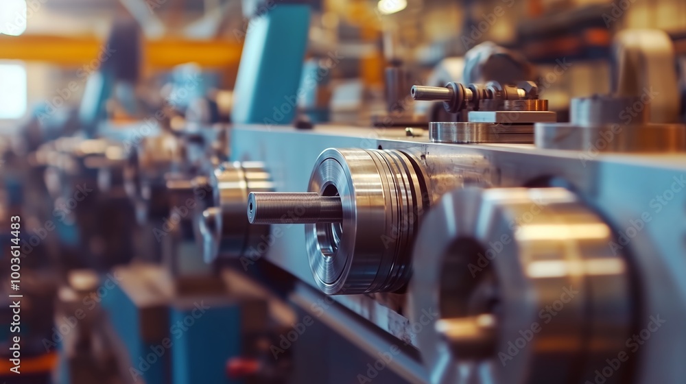 Poster close-up view of precision machine parts in an industrial workshop during daytime operations