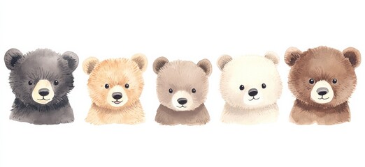 Watercolor illustration of five adorable tiny bear heads, featuring a divider design on a white background.