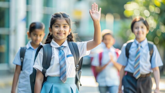 Indian student girl going for class in elementary school, back to school concept