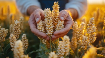 Farmer's hands hold a stalk of wheat in a field of wheat at sunset.