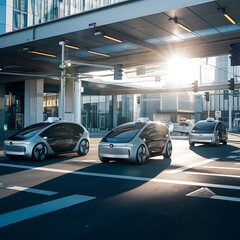 Fototapeta premium Autonomous vehicles gliding through a sunlit, modern intersection.