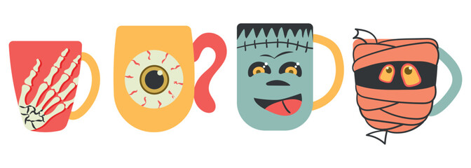 Halloween cup set. Cute set of cups for coffee, cocoa, tea. Halloween tableware vector illustration