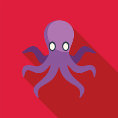 Purple octopus is floating with its tentacles outstretched in this flat design icon