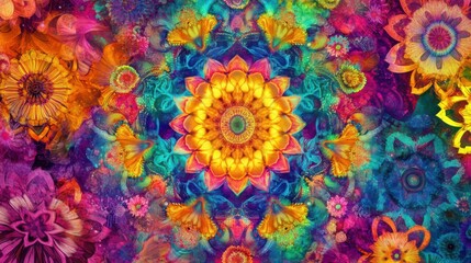 A kaleidoscope of vibrant colors, with intricate patterns and bright, dazzling hues