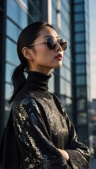 Chic Asian woman in black sequined top and sunglasses looking away in front of modern architecture