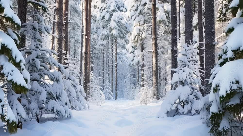 Poster sunlight filters through snow covered trees in a magical winter forest, creating a serene and peacef